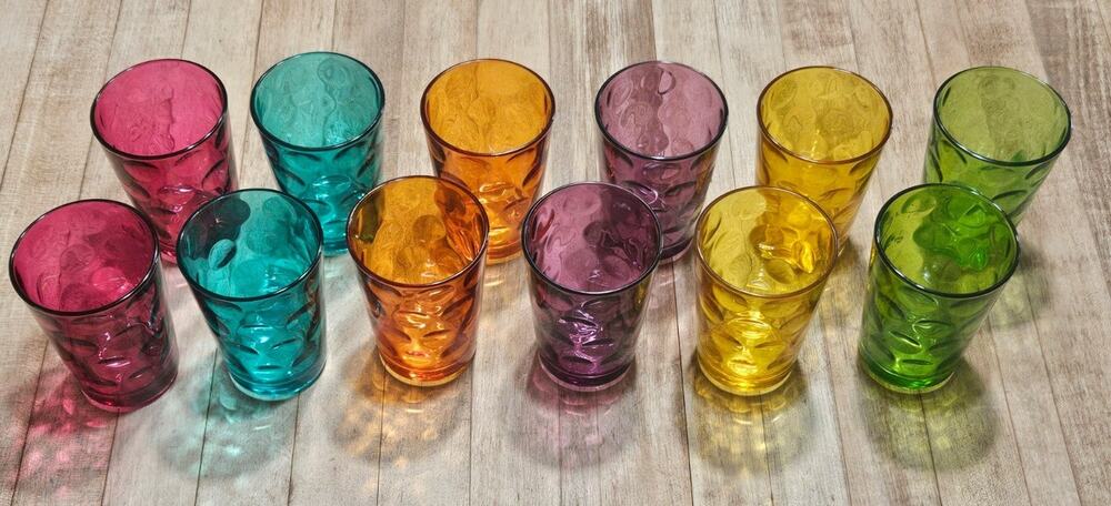 VTG MCM Hazel Atlas Set 12 Thumbprint Coindot Glass Juice Tumblers JEWEL TONES